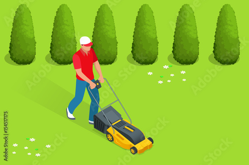 Man mowing the lawn with yellow lawn mower in summertime. Lawn grass service concept. Isometric vector illustration
