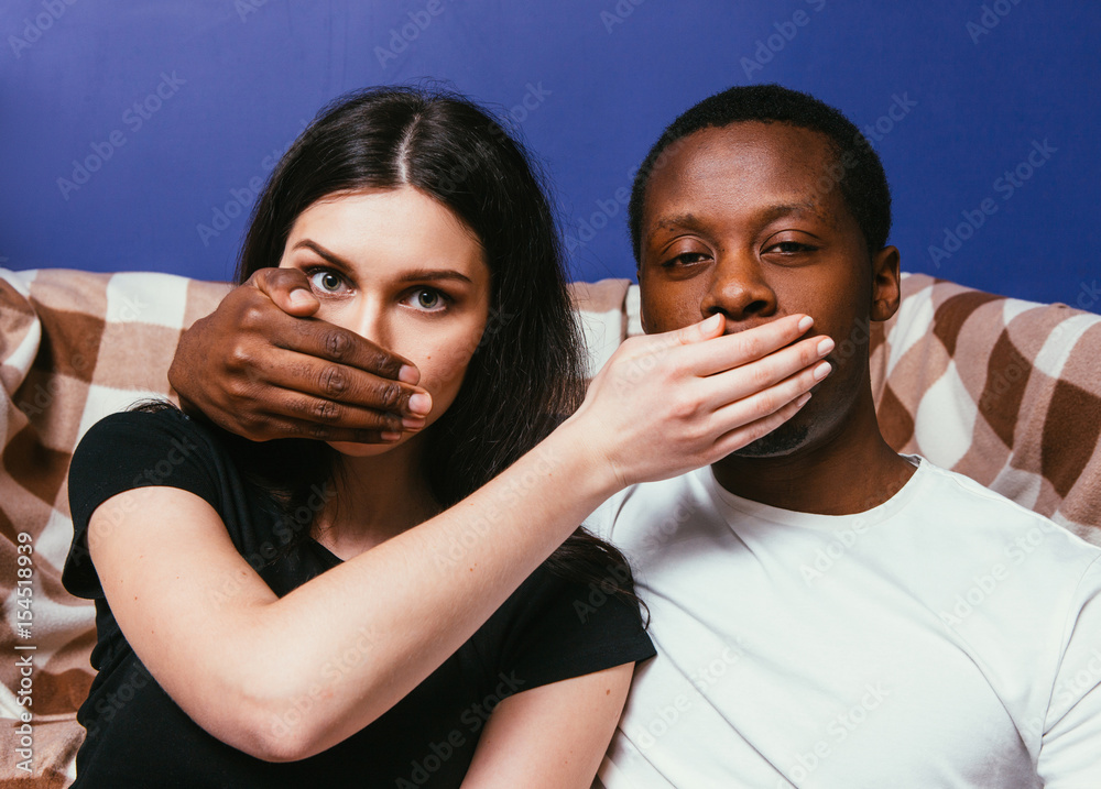 International Couple Secret Black Man White Woman Closeup Not Telling  Silent Dumb Shut Up Hand Concept Stock Photo | Adobe Stock
