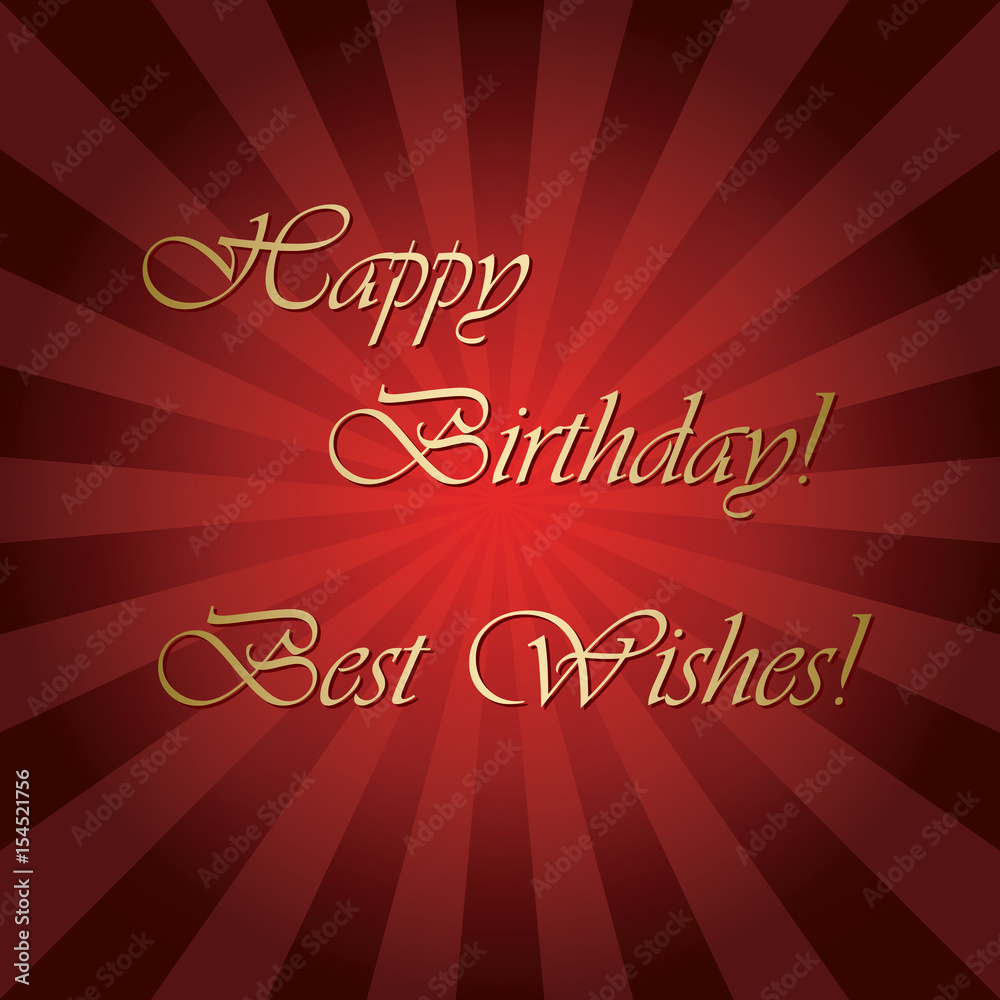 happy birthday and best wishes - bright red vector greeting card with rays