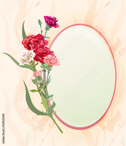 Romantic round frame with bouquet of carnation schabaud, white, pink, red flowers, bud, green stem, leaves on vintage background, digital draw illustration, template for design, vector