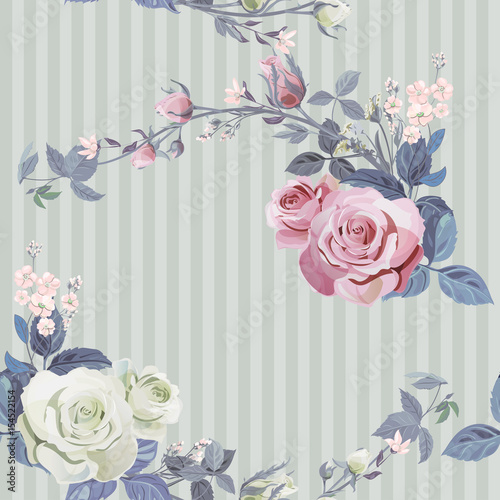 Vector square floral seamless pattern, branch white, pink rose, bouquet garden flowers, buds, leaves on green line background, illustration for fabric, wallpaper, wrapping, pastel colored, vintage
