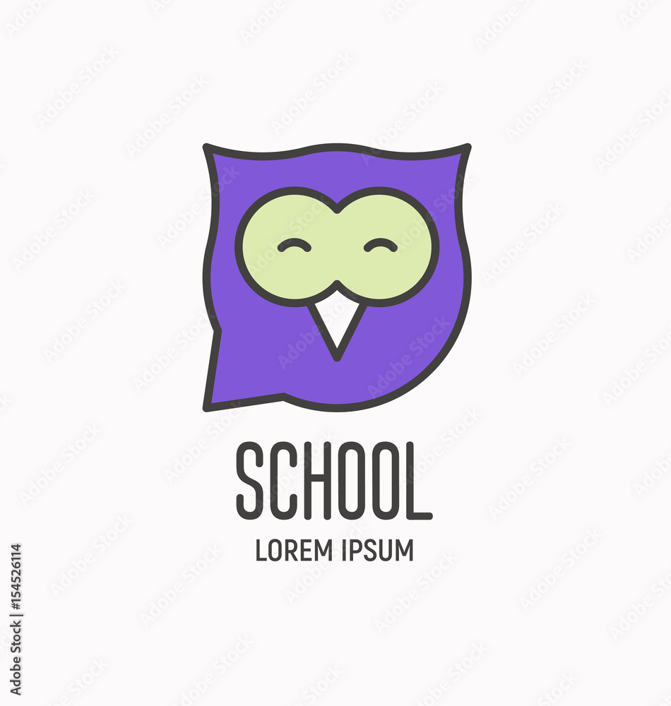 Logo with cartoon wise owl, design element for school, business, pet shop. Vector illustration. Logo with cartoon wise owl, design element for school, business, pet shop. Vector illustration.