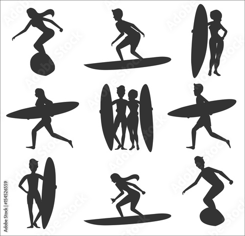 Set of surfers silhouettes