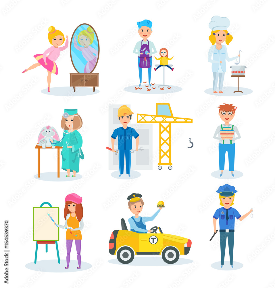 Fototapeta premium Set of occupations in which children represent, in different situations.