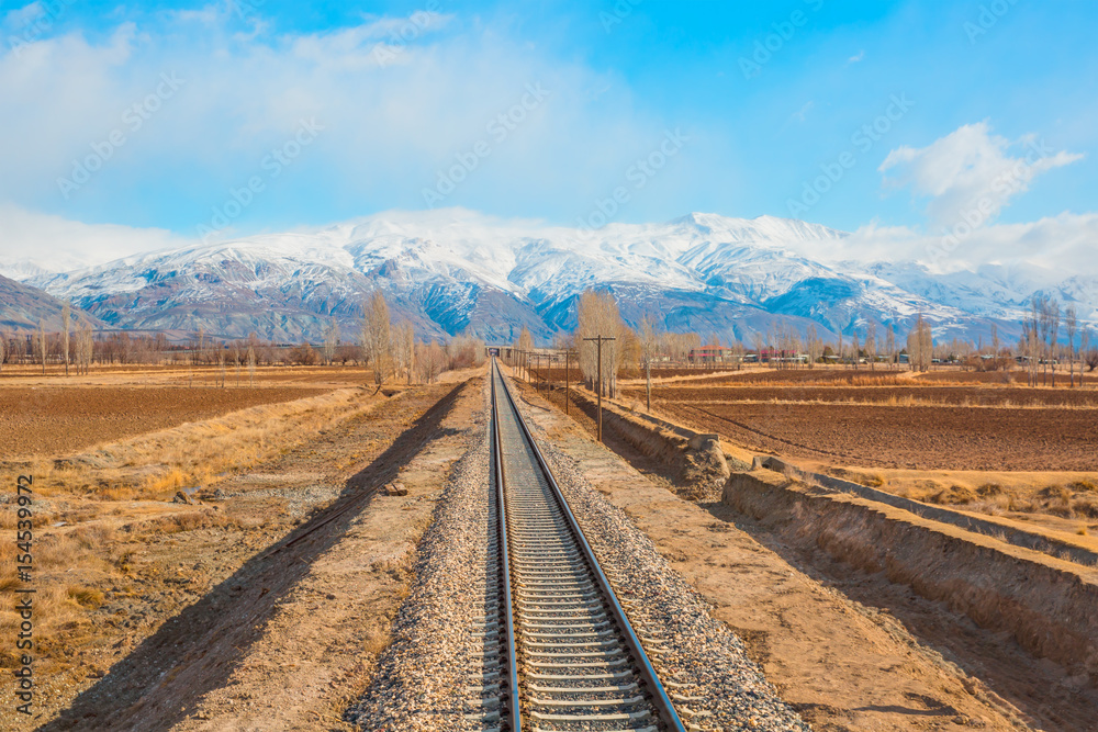 Deep Winter Train Tracks with lone tree and Mountains Deep Winter Train Tracks with lone tree and Mountains