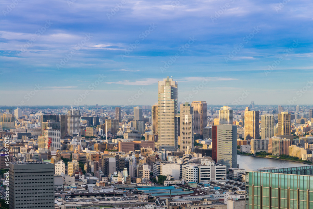 Obraz premium Cityscape of Tokyo city, view of aerial skyscraper, office building and downtown and river of tokyo with blue sky background. Japan, Asia