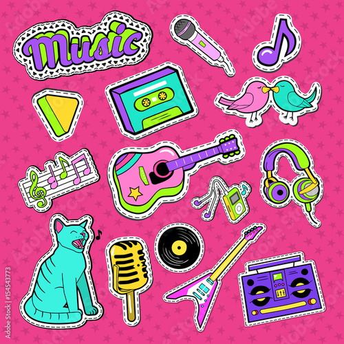 Musical Stickers, Badges and Patches. Music Instruments and Teenager Style Elements Doodle. Vector illustrations