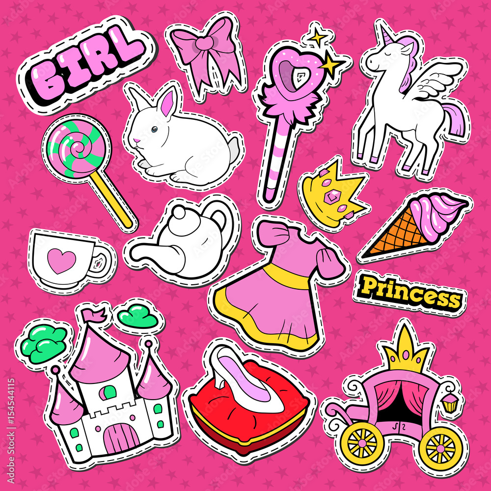 Little Princess Stickers, Badges and Patches. Doodle for Cute Girl with Unicorn, Crown and Lollipop. Vector illustration