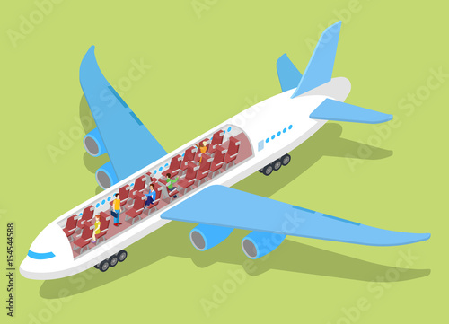 Air Plane Interior with Passengers. Isometric vector flat 3d illustration