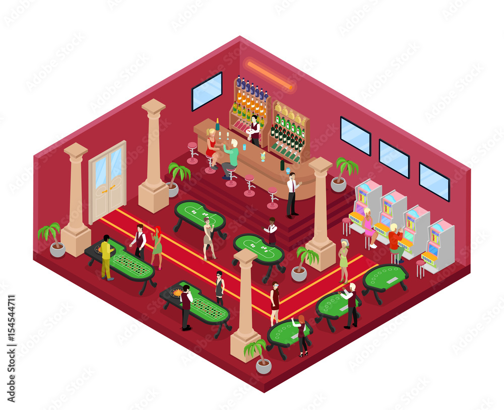 Casino Gambling Interior with Roulette and Croupier. Isometric vector flat 3d illustration