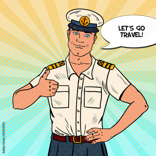 Happy Sea Captain Showing Thumb Up. Cruise Vacation. Pop Art Vector illustration