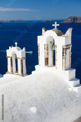 Greek church bell tower in Oia, Santorini, Greece