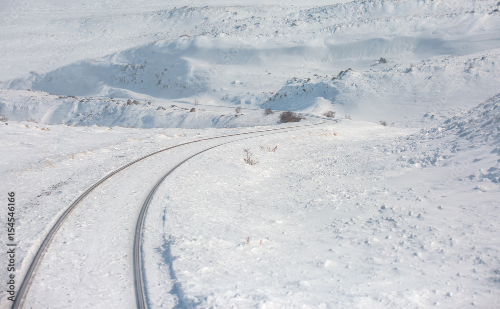 Deep Winter Train Tracks with lone tree and Mountains