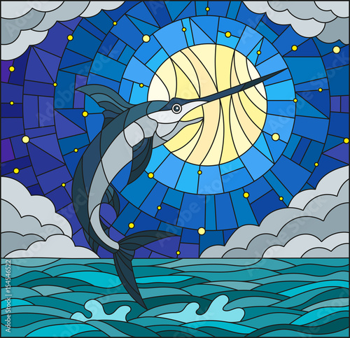 Illustration in stained glass style with a fish swordfish on the background of water ,cloud, sky ,star and moon