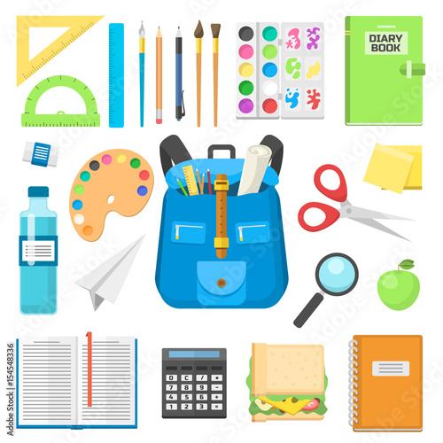 School bag backpack full of supplies children stationary zipper educational sack vector illustration.