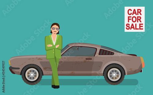Sneaky tough guy selling old used car on car sale market.