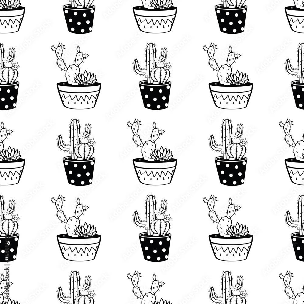 Vector black and white seamless pattern with cactuses and succulents in pots. Modern scandinavian design Vector black and white seamless pattern with cactuses and succulents in pots. Modern scandinavian design