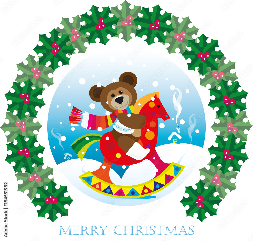Christmas greeting card with teddy bear sitting on a rocking horse Christmas greeting card with teddy bear sitting on a rocking horse