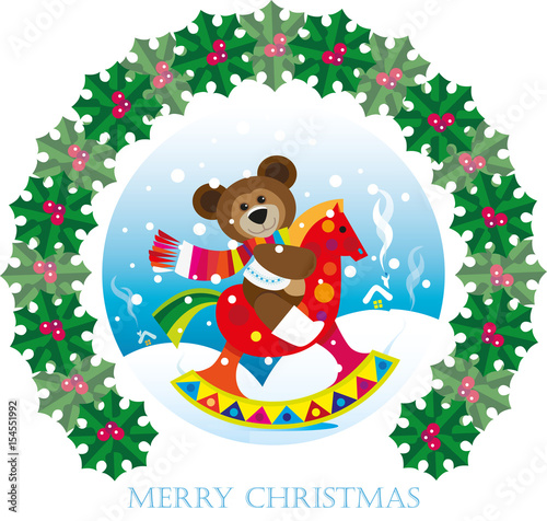Christmas greeting card with teddy bear sitting on a rocking horse