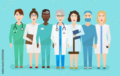 Hospital medical staff team doctors nurses surgeon vector flat illustration