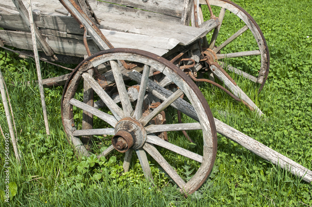 Wooden wheels on old rural cart on green grass meadow