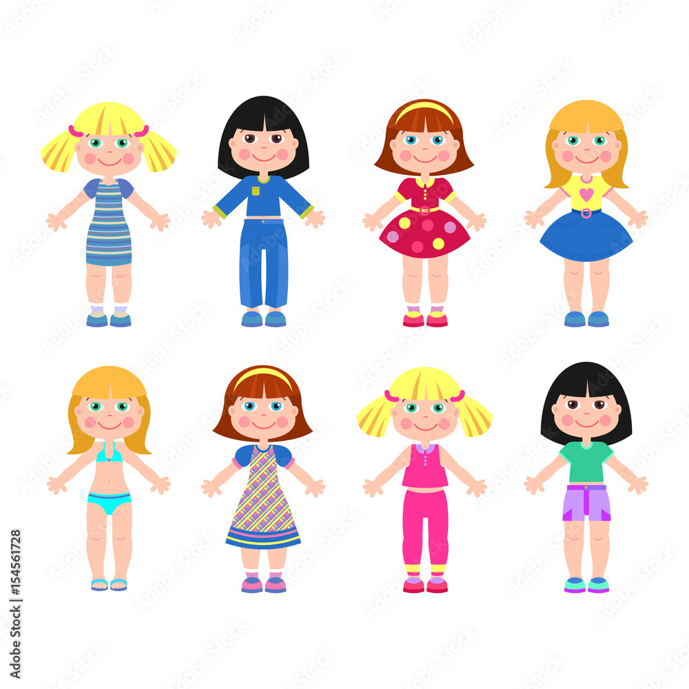 Paper doll-girl in different clothes. Vector illustration. Isolated on white background. Paper doll-girl in different clothes. Vector illustration. Isolated on white background.
