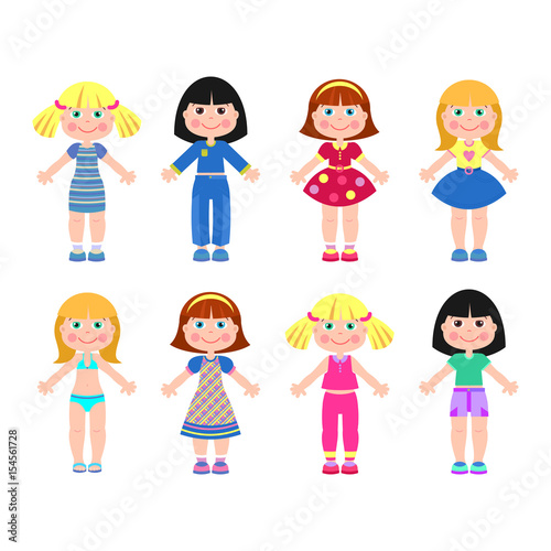 Paper doll-girl in different clothes. Vector illustration. Isolated on white background.
