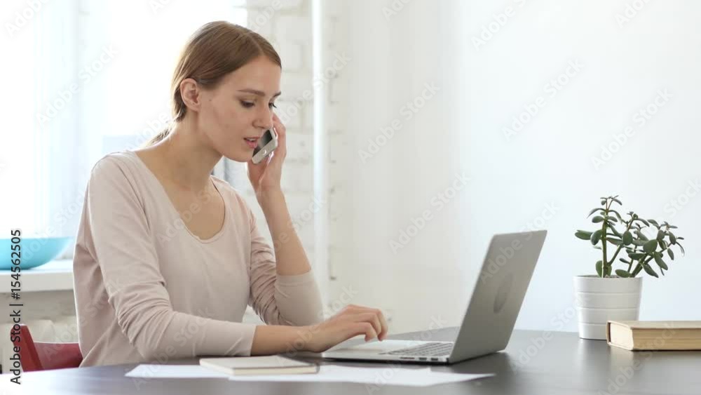 Woman Answering Call at Work, Talking with Customers Woman Answering Call at Work, Talking with Customers