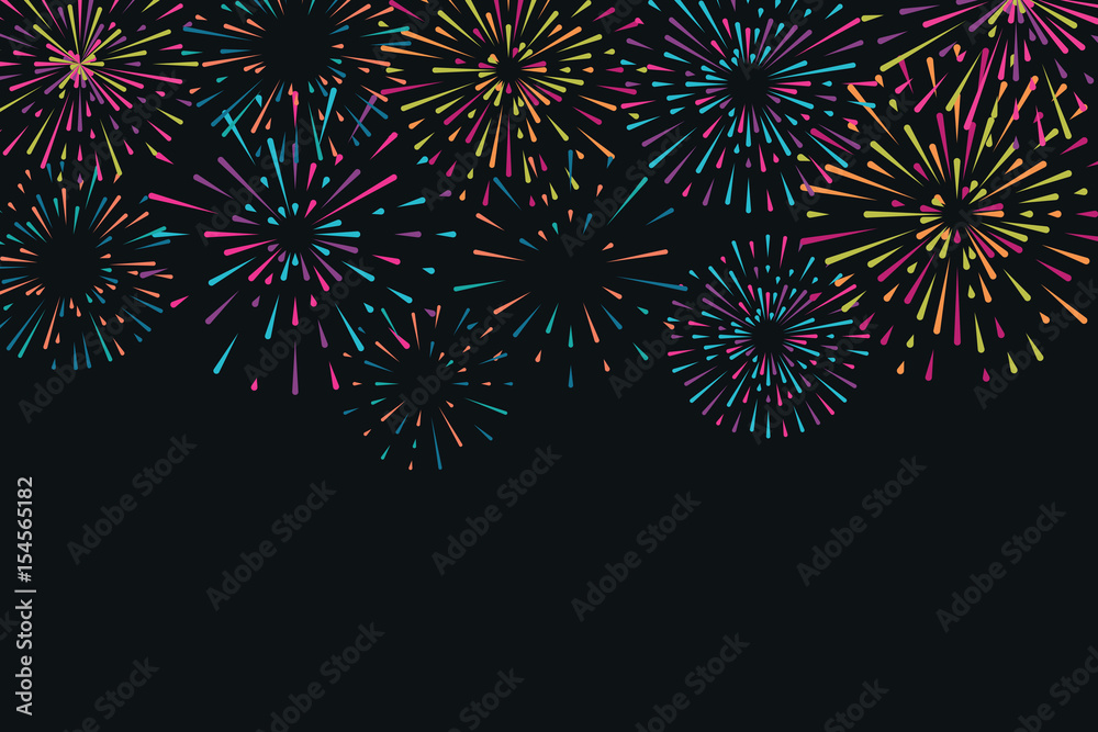 Vector illustration with different colorful fireworks on dark background