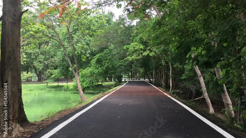 4K Footage. pan shooting in bicycle and walk path in parks. green zone with lake.