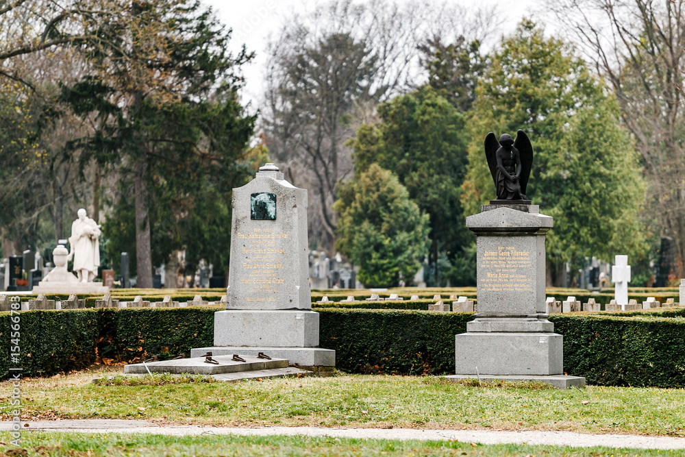Obraz premium Old Vienna Austrian cemetery architecture with statues and marble tombstones for the graves