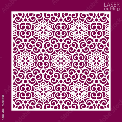 Laser cut square ornamental panel with pattern. Template of wedding invitation or greeting card. Cabinet fretwork panel. Metal design, wood carving.