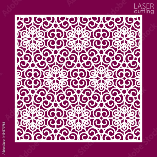 Laser cut square ornamental panel with pattern. Template of wedding invitation or greeting card. Cabinet fretwork panel. Metal design, wood carving.