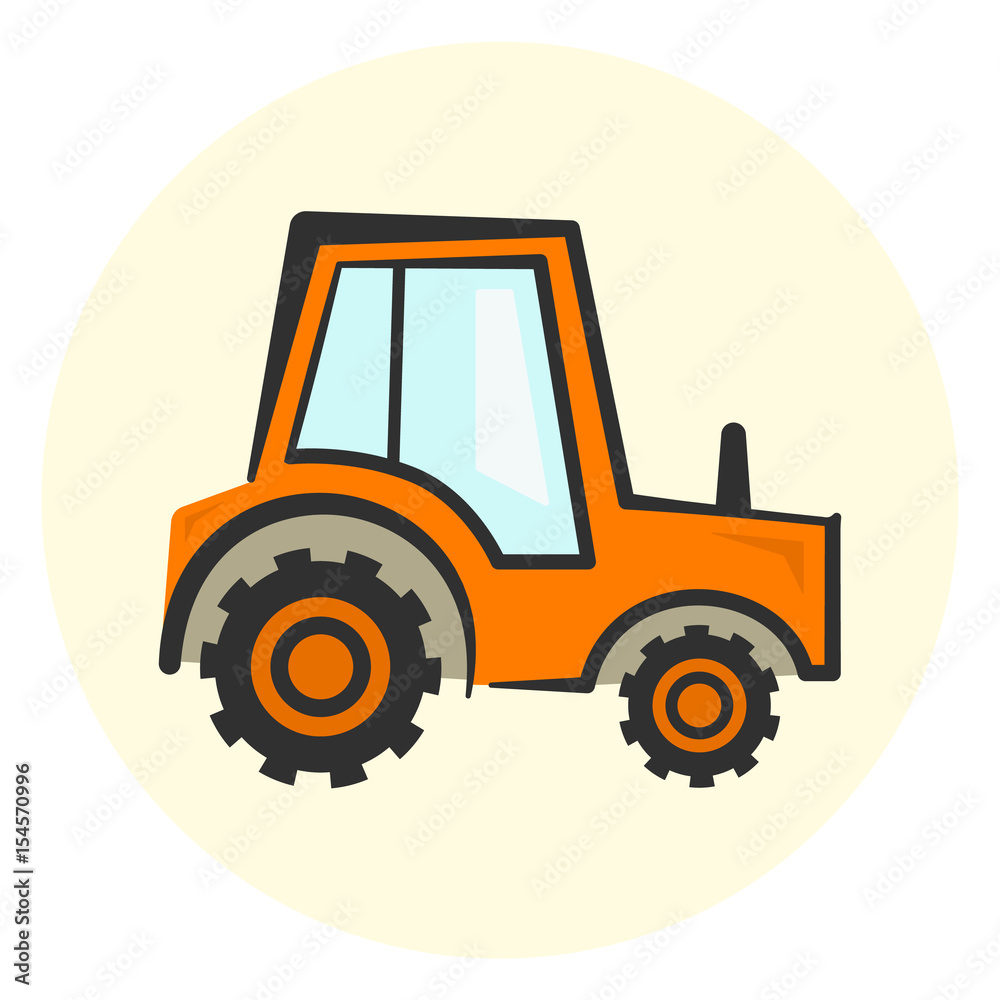 Fototapeta premium Cute cartoon colorful tractor icon, orange agriculture transport icon