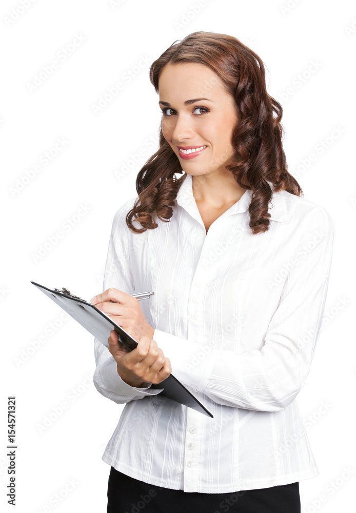 Businesswoman with clipboard writing, isolated Businesswoman with clipboard writing, isolated