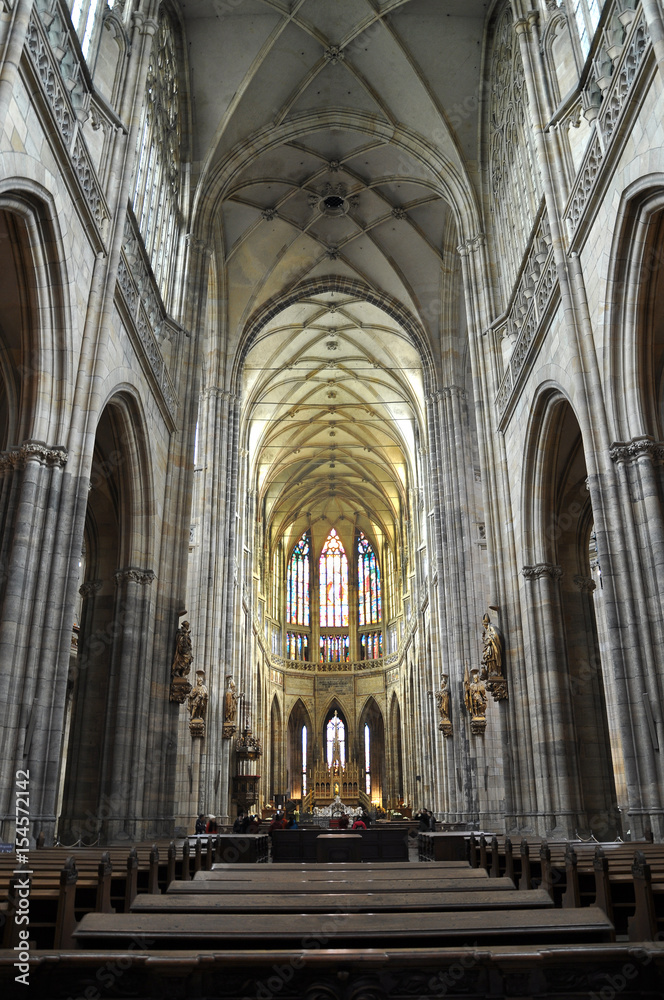 Interior of the gothic cathedral of St. Vitus in Prague. Symmetric vertical perspective view.