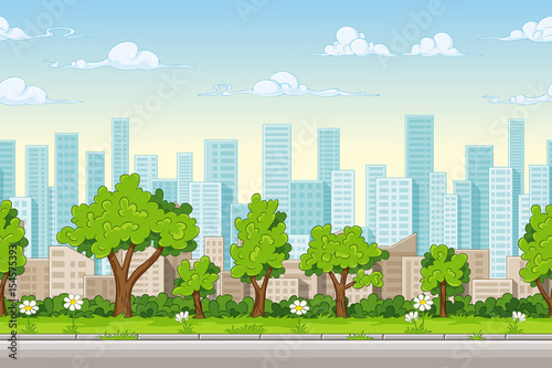 Seamless cartoon city background. Vector illustration with separate layers.
