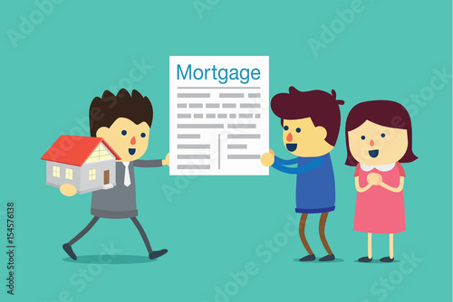 Husband and wife take a mortgage commitment letter exchange for home with agent. Illustration about buying property.