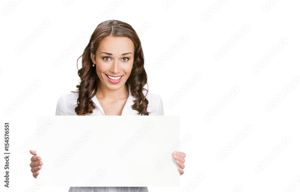 Fototapeta premium Businesswoman showing blank signboard, on white