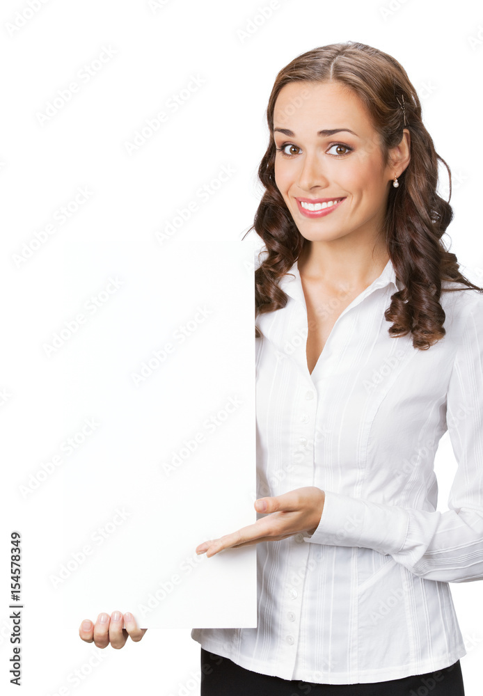 Businesswoman showing blank signboard, on white Businesswoman showing blank signboard, on white
