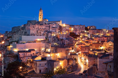 Beautiful view of historical Matera (Unesco World Heritage Site) by night, Italy
