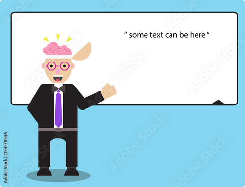 Businessman and active powerfull brain on white screen. Presentation concept,  seminar, training, conference. Business strategy and finance. Flat Vector Illustration