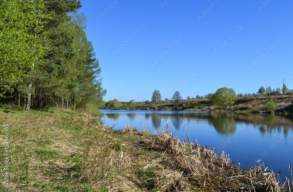 The bank of the river on a summer day. Blue sky and blue calm water. Trees are reflected in water The bank of the river on a summer day. Blue sky and blue calm water. Trees are reflected in water