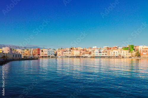 waterfront of Chania bay at sunny day, Crete island, Greece