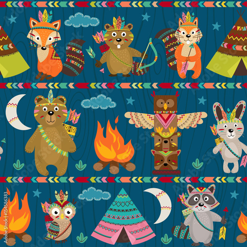 seamless pattern with tribal animals night - vector illustration, eps © nataka