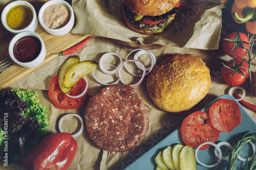 Ingredients for cooking burgers, flat lay style view, food background cooking concept