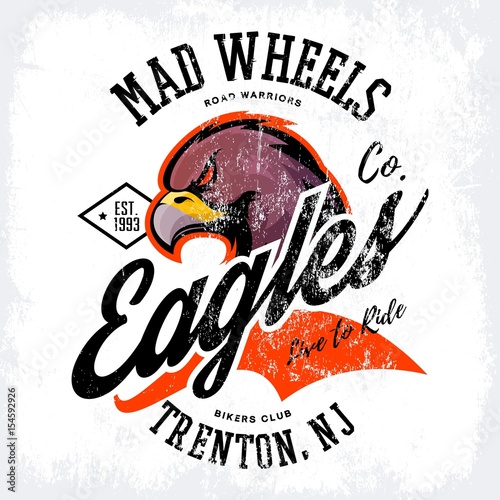 Vintage American furious eagle bikers club tee print vector design. 
Trenton, New Jersey street wear t-shirt emblem. Premium quality wild bird mascot superior logo concept illustration.