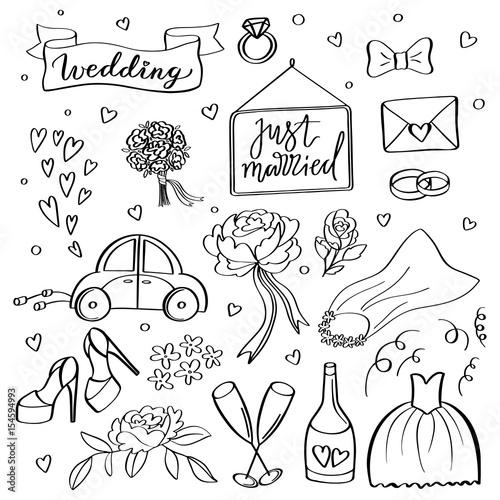 Wedding icons. Hand sketched vector wedding symbols bride, groom, couple, love, rings, honeymoon, celebration