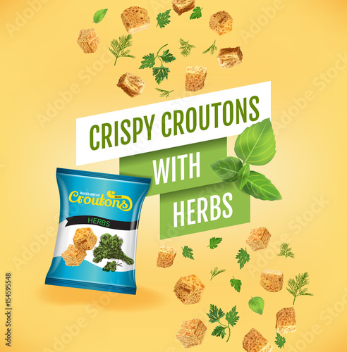 Vector realistic illustration of croutons with herbs.