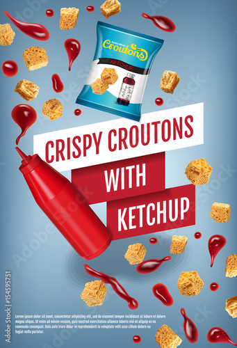 Vector realistic illustration of croutons with ketchup.